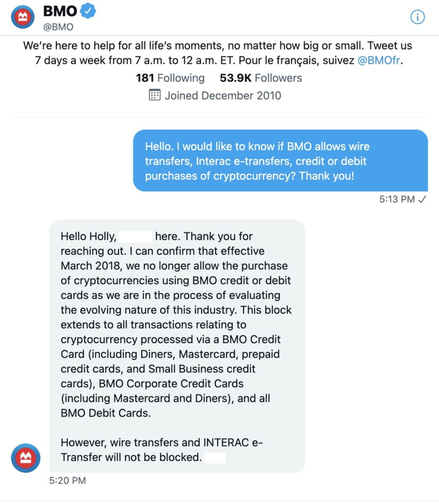 Chat with BMO bank about purchasing cryptocurrency