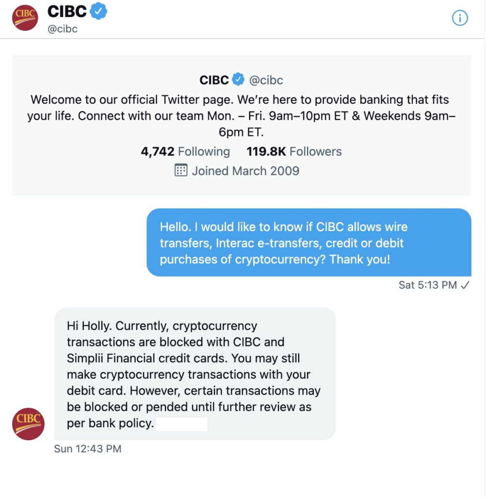Chat with CIBC bank about purchasing cryptocurrency