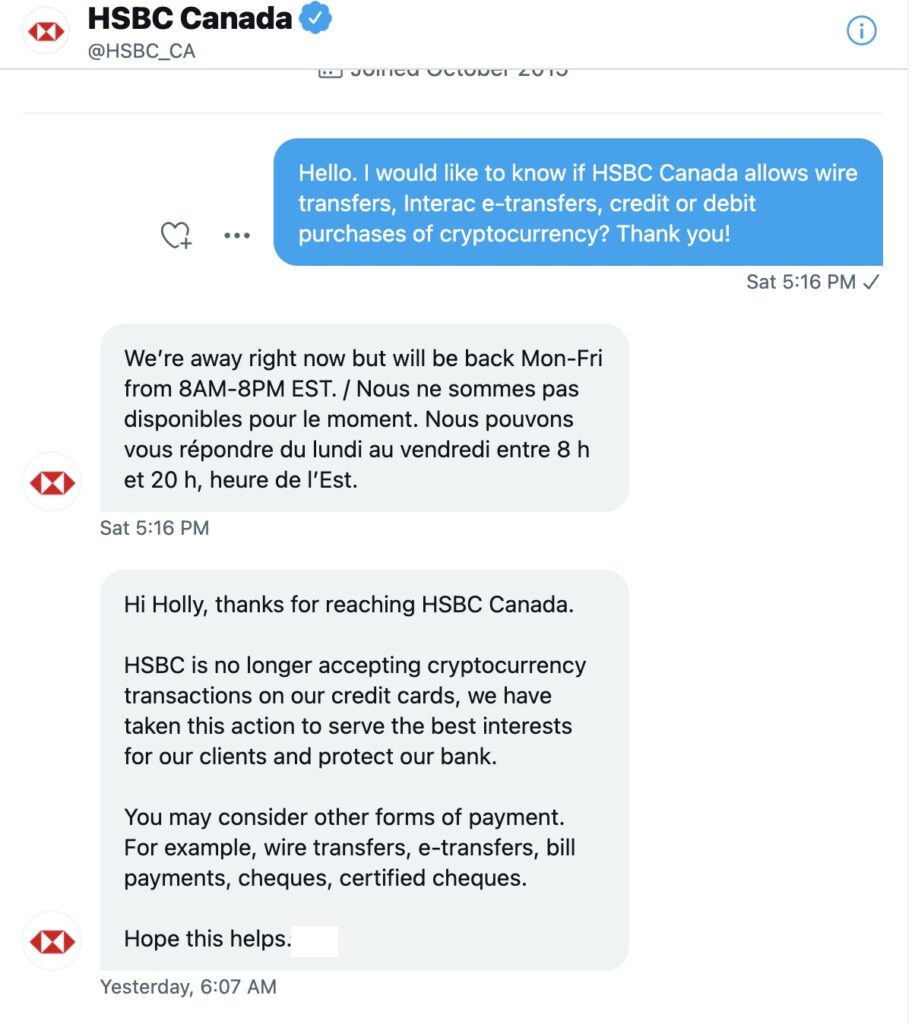 Chat with HSBC bank about purchasing cryptocurrency