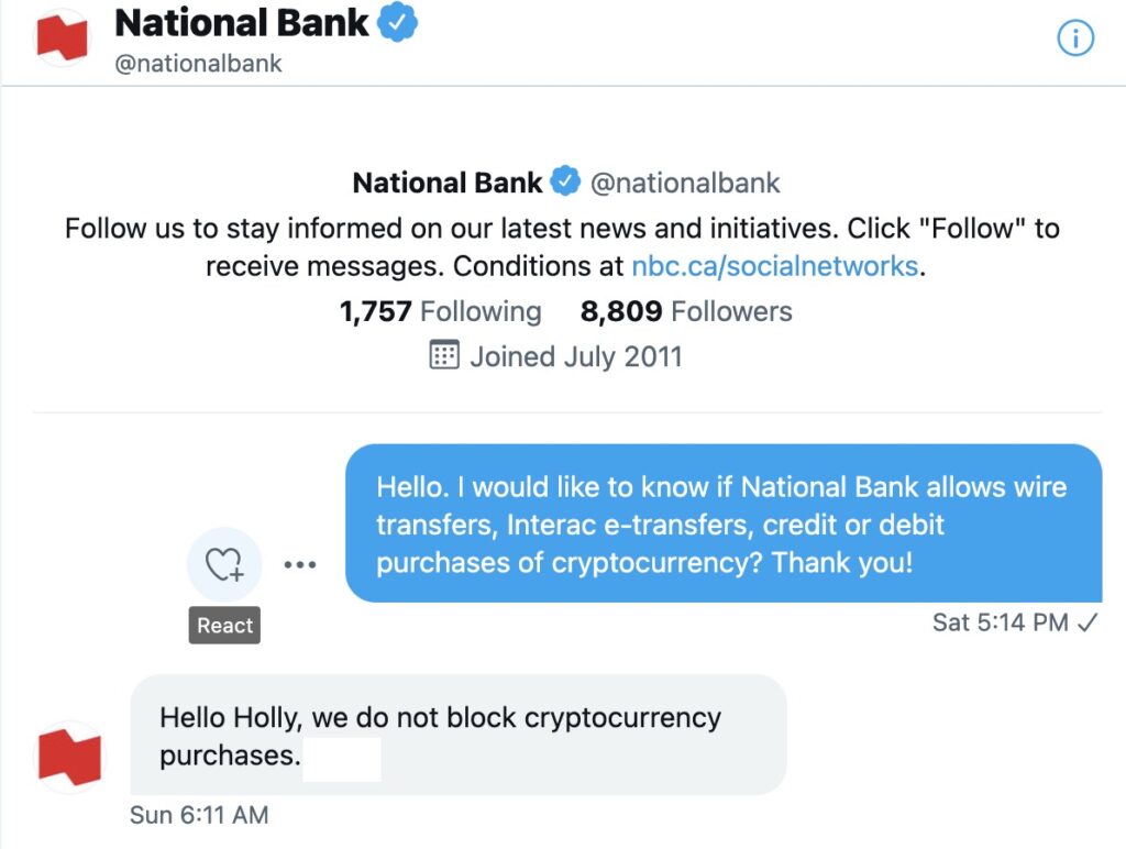 Chat with National Bank of Canada bank about purchasing cryptocurrency