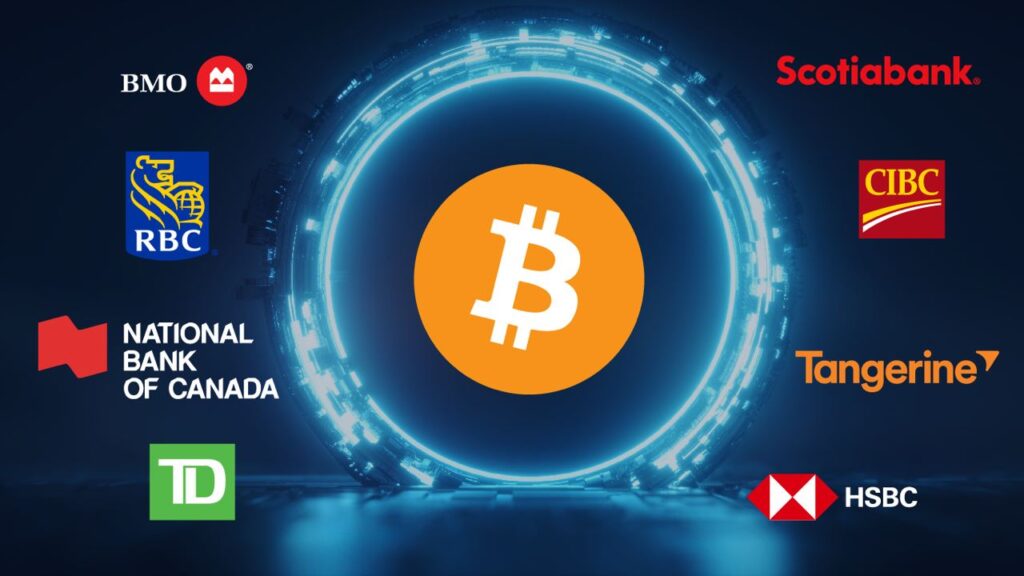 Bitcoin logo rounded by Canadian banks that are not friendly to cryprocurrency