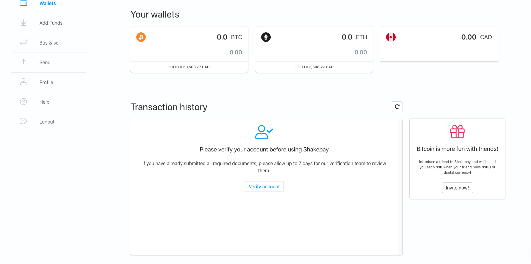 Wallet and transaction history interface in Shakepay app