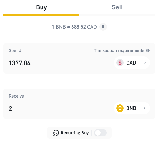 Buying BNBs on Binance with Canadian dollars