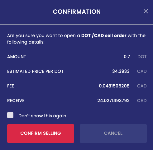 Sell cryptocurrency on NDAX Canadian crypto exchange step 4
