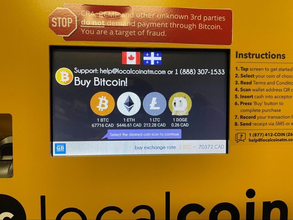 Selecting crypto on bitcoin ATM in Canada (step 1)