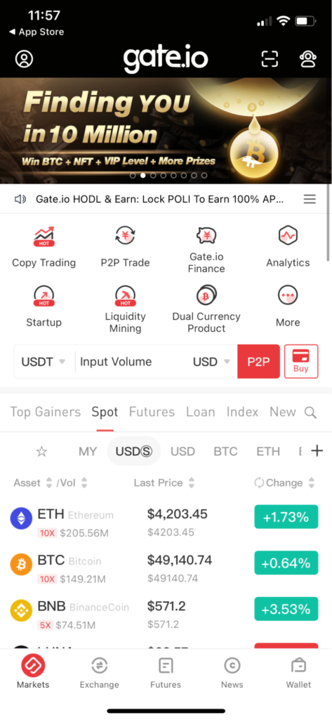 Gate.io mobile app screenshot (main page)