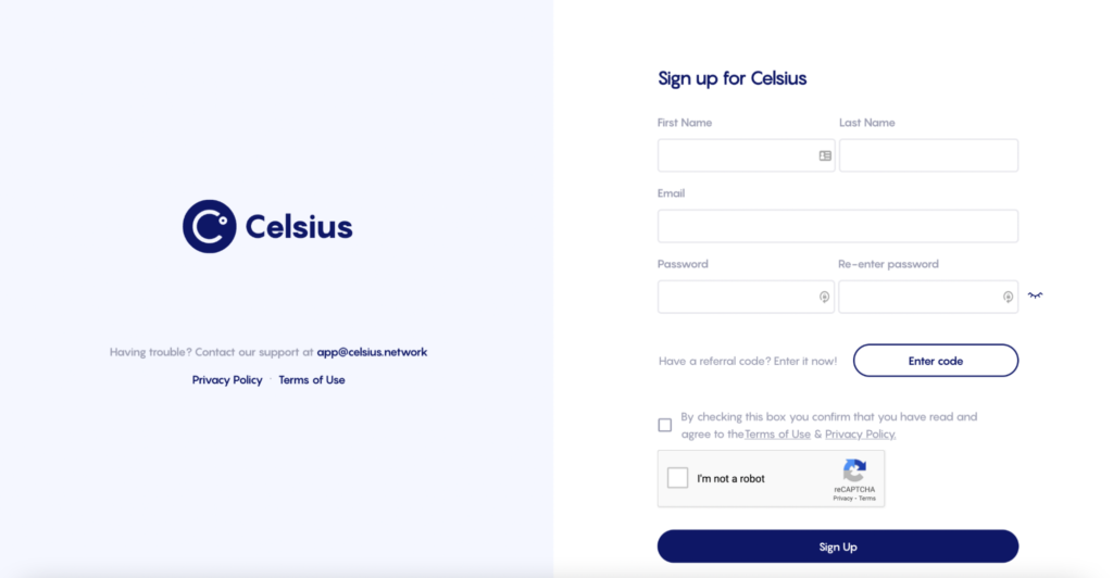 Celcius registration screen