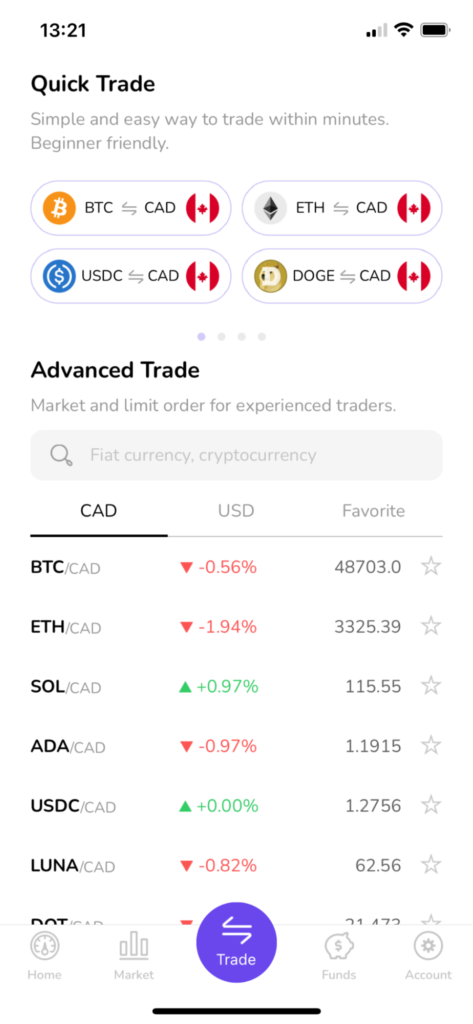 Quick trade and Advanced trade on VirgoCX mobile app