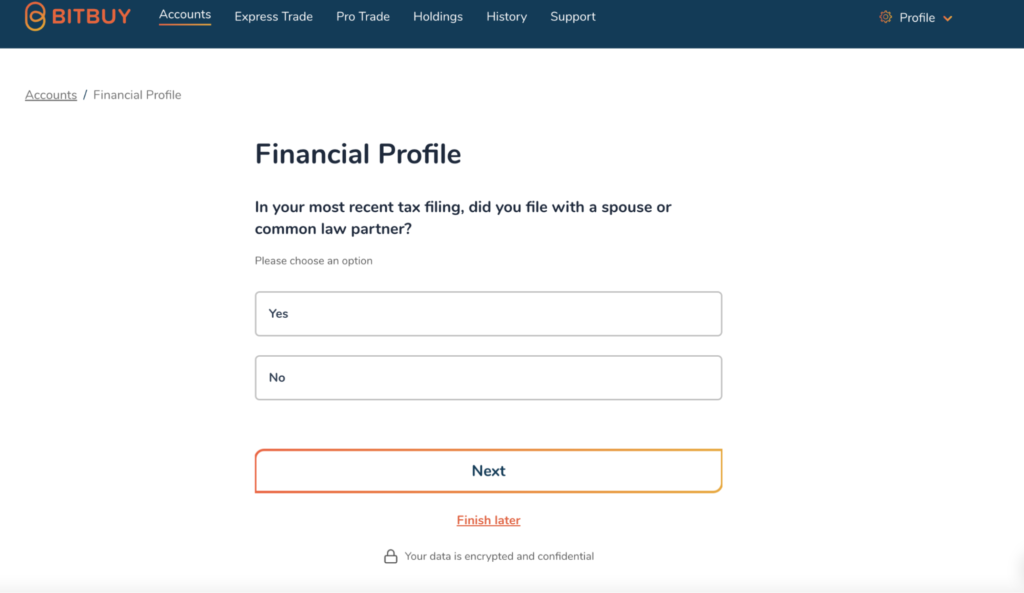 Filling out financial profile form with BitBuy