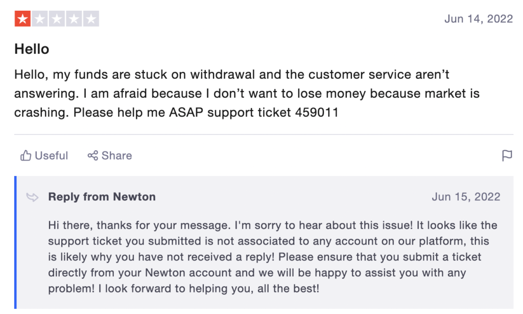 Newton negative review on trustpilot with their response