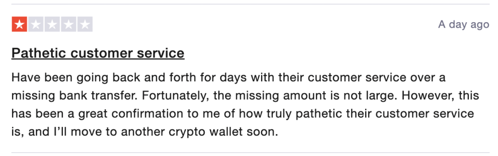 Negative review for Crypto.com on Trust Pilot