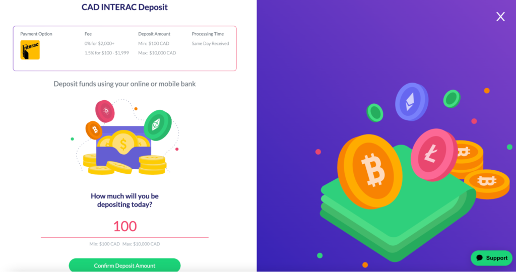 Entering the amount for depositing with Coinsmart