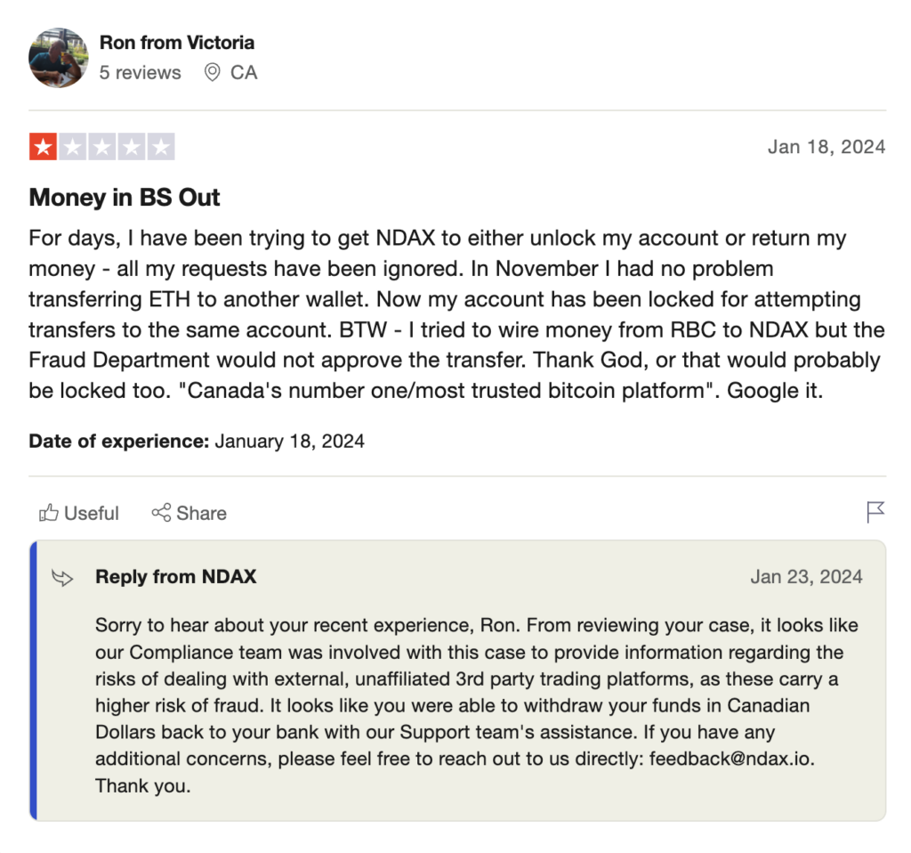 Bad review about NDAX crypto exchange on Trustpilot platform