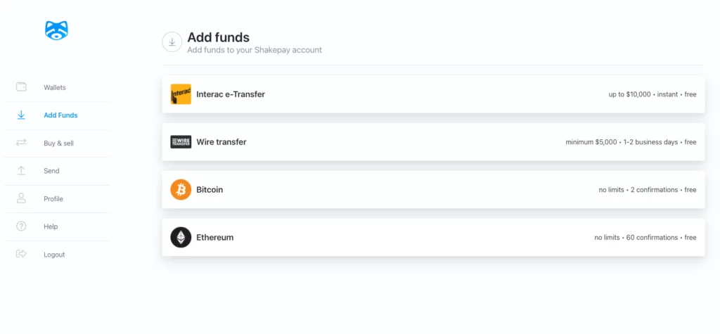 Adding funds to Shakepay