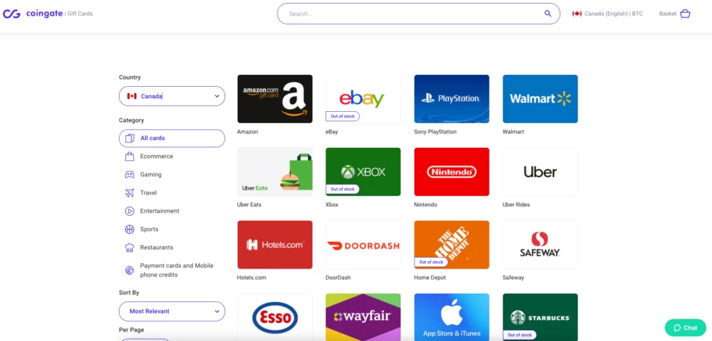 Gift cards you can spend Bitcoin on CoinGate website
