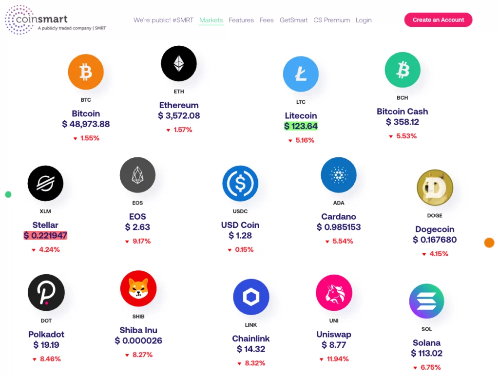 Selection of altcoins on Coinsmart