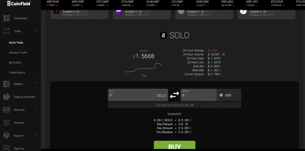 CoinField's quick trade window