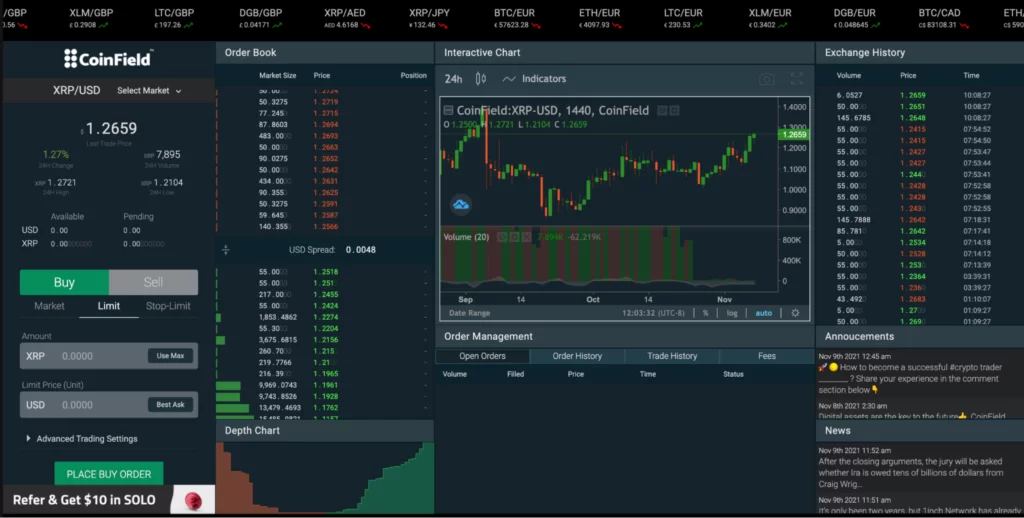 CoinField's advanced trade window