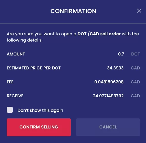 Sell cryptocurrency on NDAX Canadian crypto exchange step 4