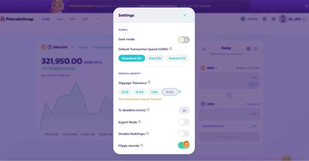 Selecting slippage on PancakeSwap in order to buy SafeMoon (SFM)