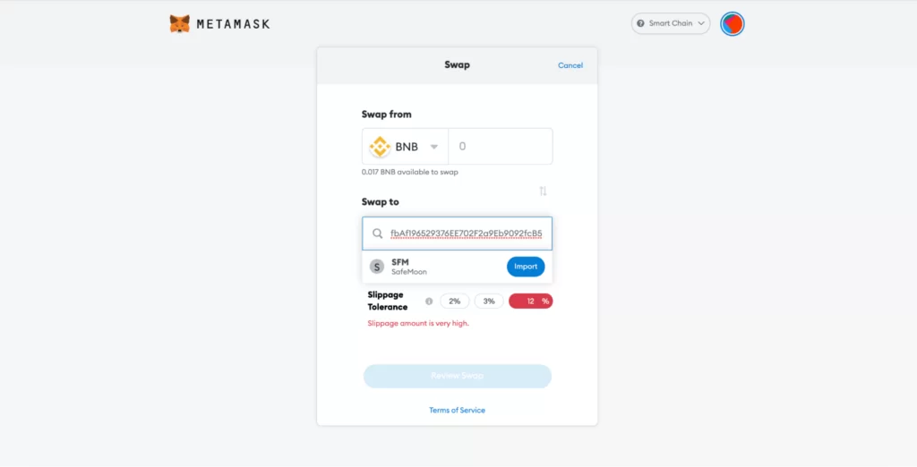 Confirming slippage in order to buy SafeMoon via MetaMask