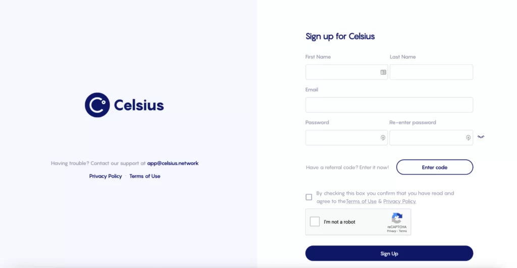 Celcius registration screen