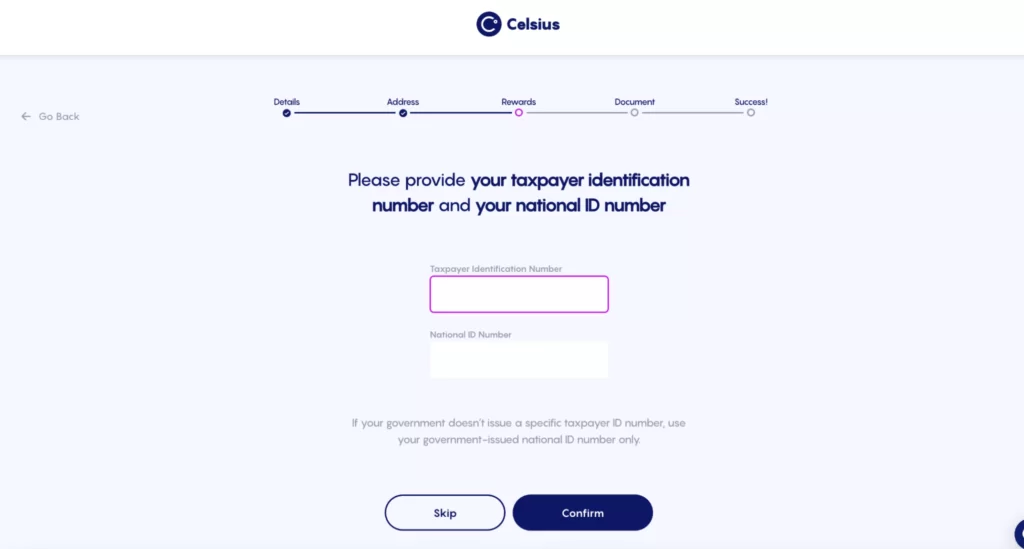 Celcius registration step 3