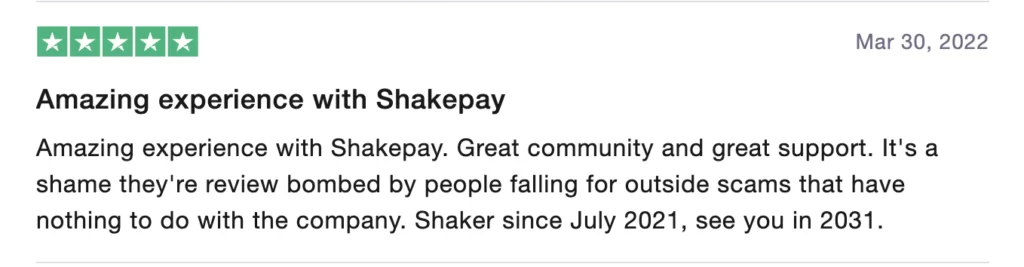Positive Shakepay review on Trustpilot