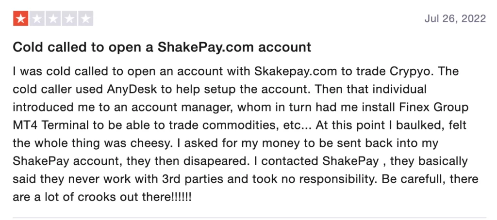 Shakepay negative review about scam activities on Trustpilot