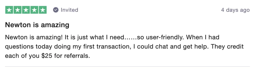 Positive review on Newton crypto on Trust pilot
