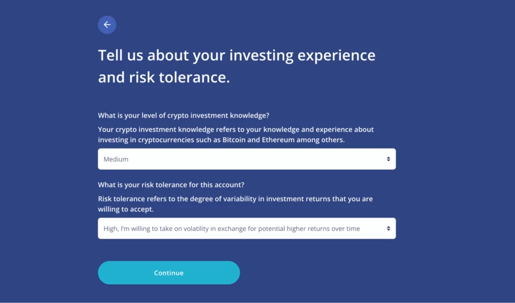 questions about your income and risk tolerance with Netcoins crypto exchange page 2 (question about investing experience)