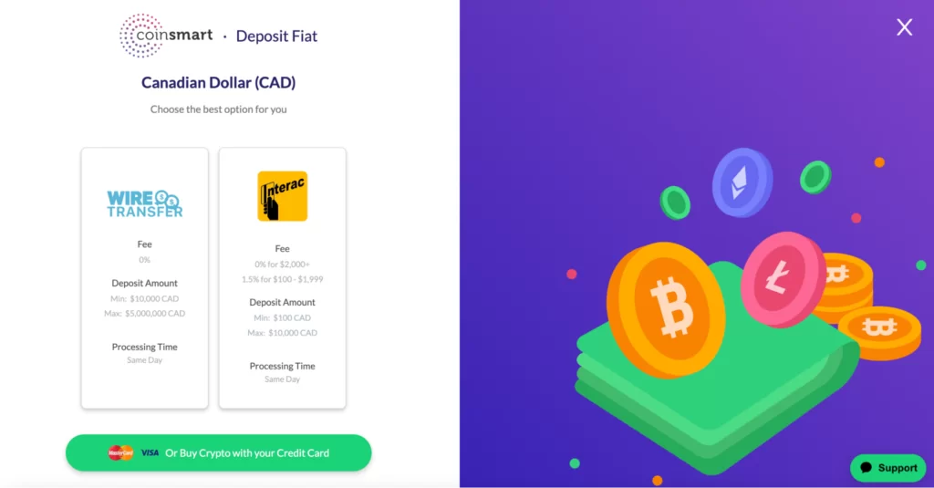 Choosing a deposit method with Coinsmart