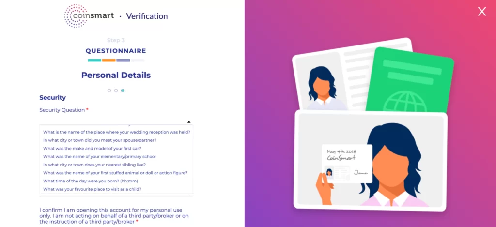 Entering security questions with Coinsmart