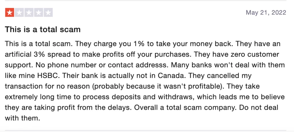 Coinsmart negative review on Trustpilot