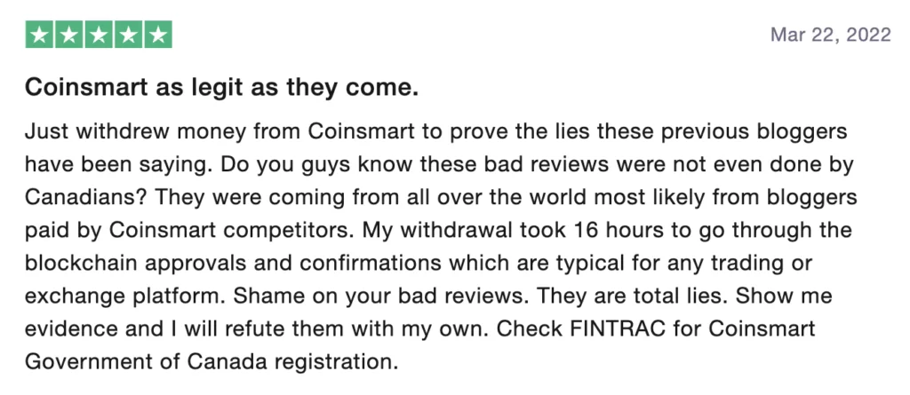 Positive reviews for Coinsmart on Trustpilot