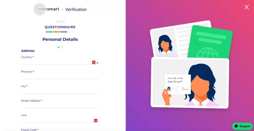Entering address information when registering with Coinsmart