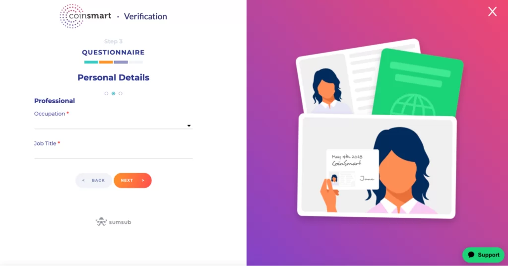 Entering your occupation while registering with Coinsmart