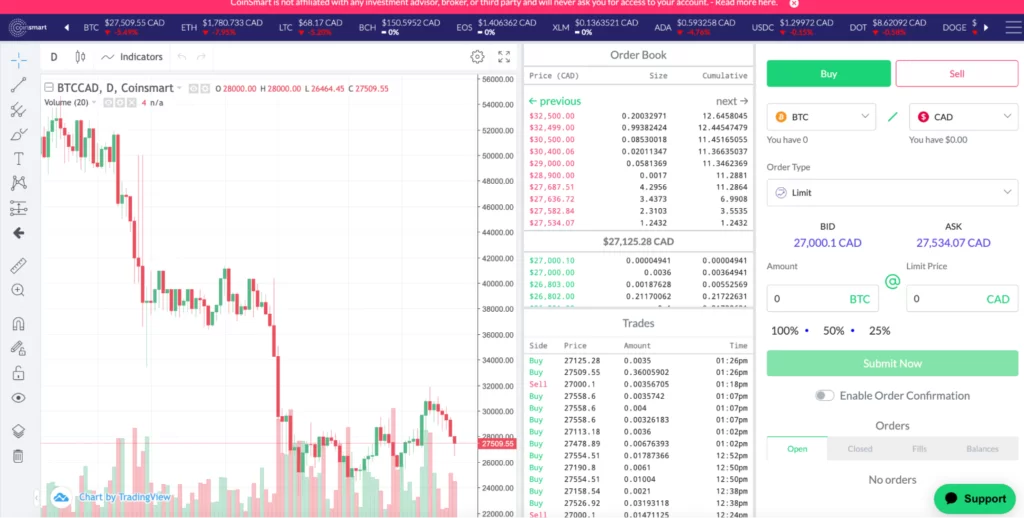 Advanced trade view on Coinsmart