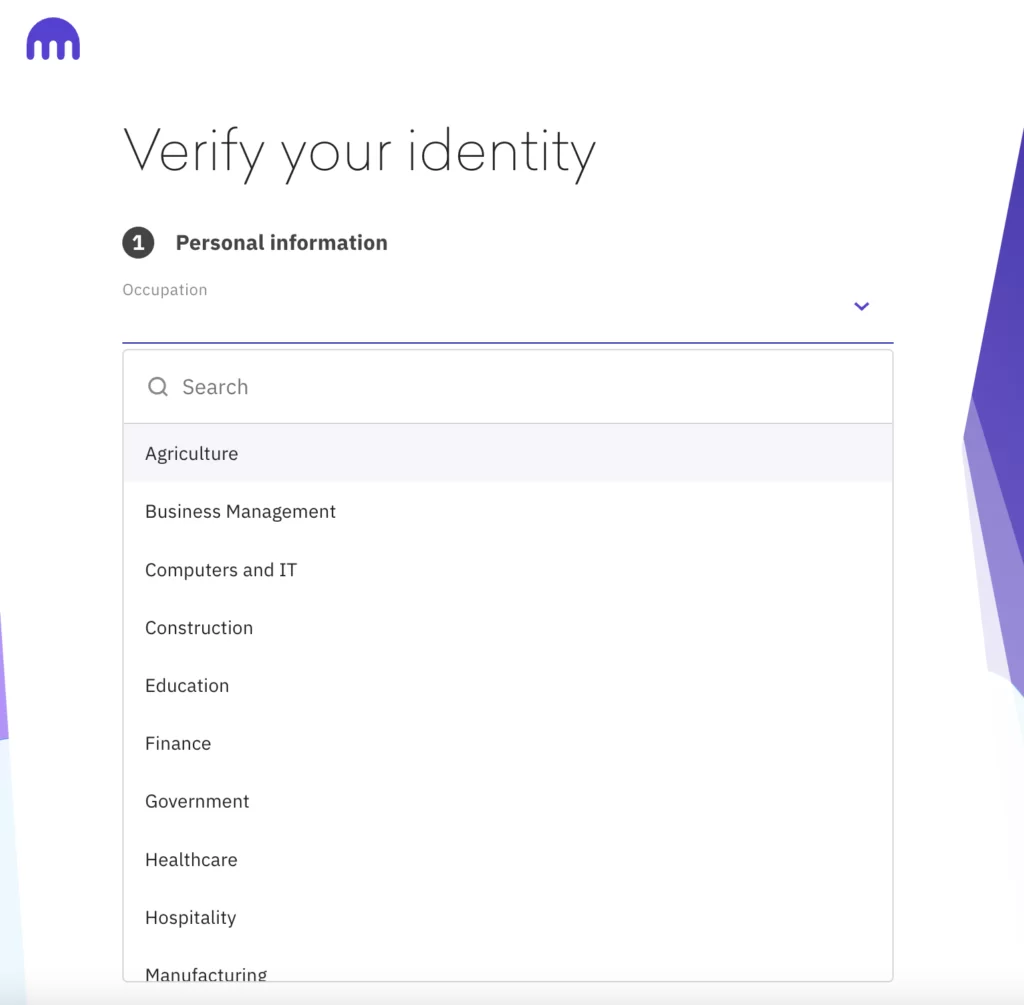 Adding occupation while registering with Kraken crypto exchange 