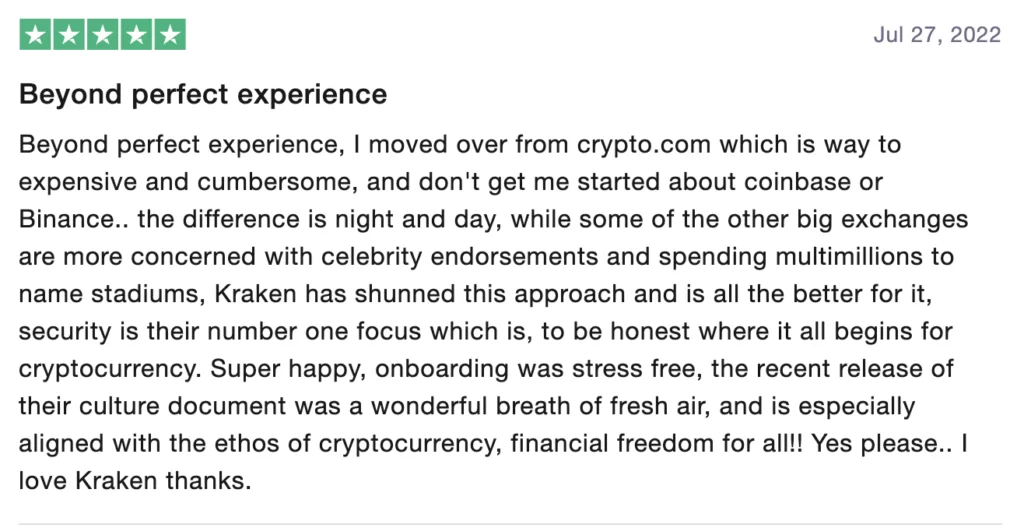 Positive review on Kraken on Trusrpilot