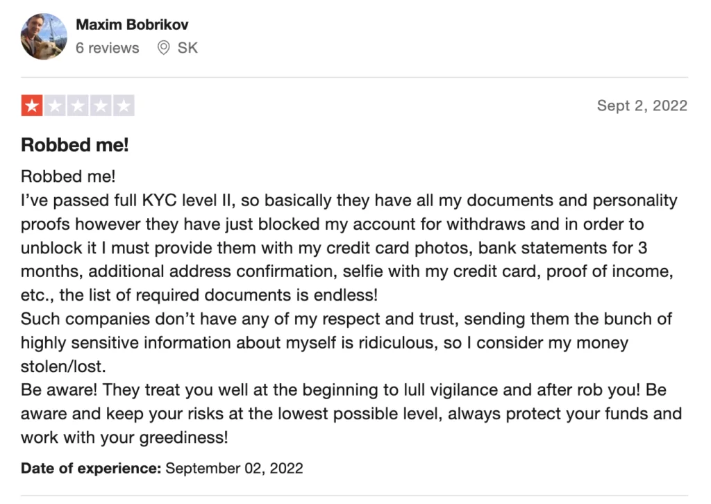 Another negative review for Bybit on Trustpilot