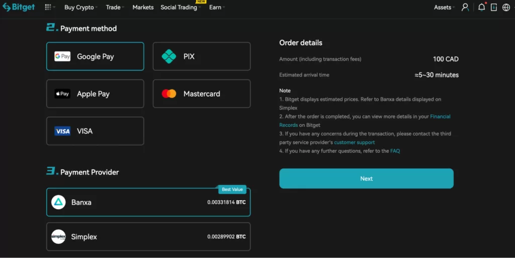 Finishing transaction with Bitget using Banxa