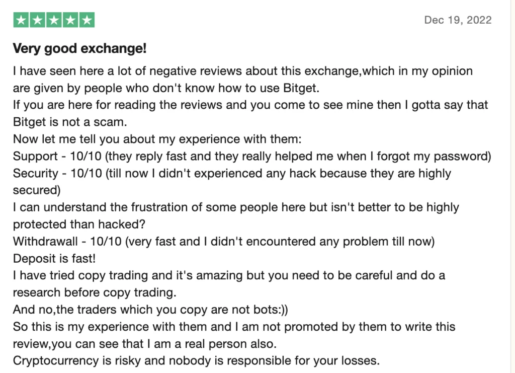Bitget positive review on Trustpilot