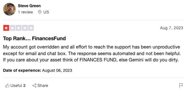 Gemini bad review on Trustpilot