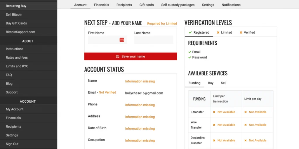 UI of Bull Bitcoin platform