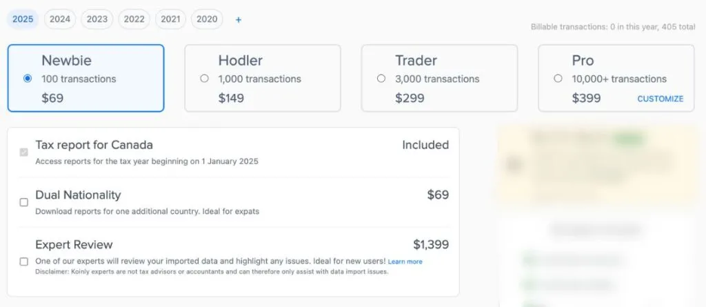 Koinly pricing for Canadians in 2025