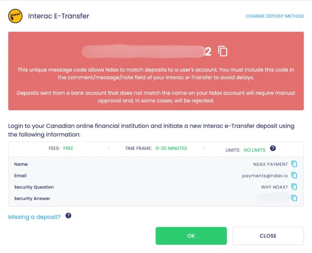 Depositing e-transfer to NDAX crypto exchange